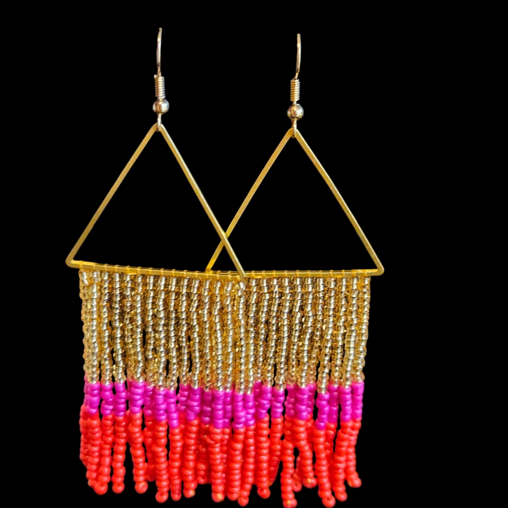 NWT - Handmade Gold and Pink Beaded Triangle Earrings - Picture 3 of 12